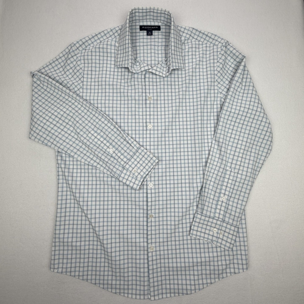 Mizzen+Main Leeward Trim Fit Performance Dress Shirt Blue White Check XL